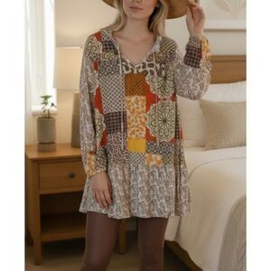 Gigio by Umgee Boho Patchwork Tunic Long Sleeve Tiered Mini Dress Womens Size M